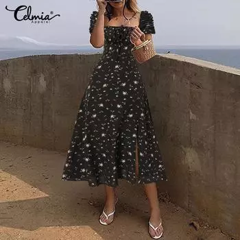 Летнее женское свободное платье макси с квадратным воротником и разрезом Celmia с цветочным принтом и короткими рукавами