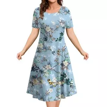 Летнее женское свободное платье с цветочным принтом, модное платье выше колена с короткими рукавами, платье с круглым вырезом, женское повседневное платье S