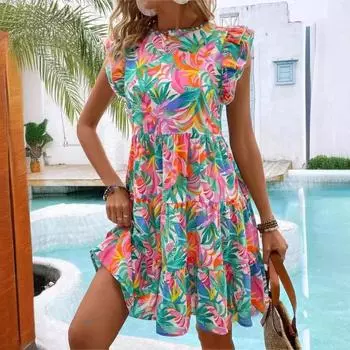 Летнее женское свободное плиссированное пляжное платье с цветочным принтом, платье с рюшами и рукавами, милое плиссированное платье, мини-платье, элегантные платья S