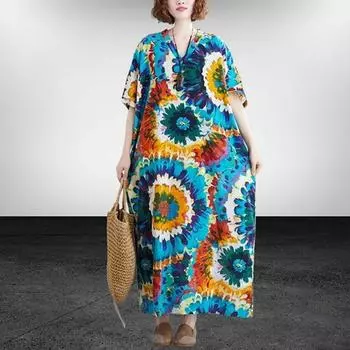 Летнее женское свободное пляжное платье-трапеция с принтом и V-образным вырезом больших размеров в простом праздничном стиле One Size