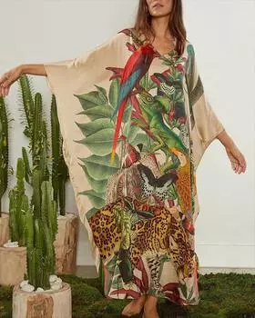Летнее женское свободное повседневное платье с длинным принтом и V-образным вырезом, 2020 One Size абрикосовый