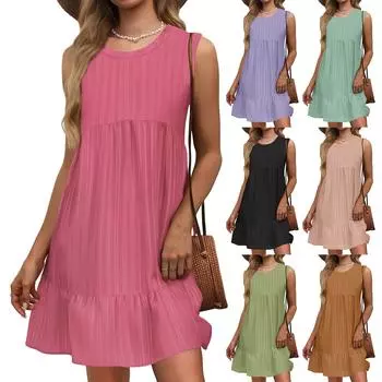 Летнее женское свободное повседневное платье с круглым вырезом и талией, струящееся, однотонное L бежевый