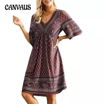 Летнее женское свободное праздничное этническое платье с V-образным вырезом S