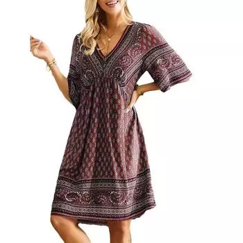 Летнее женское свободное праздничное этническое платье с V-образным вырезом S