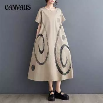 Летнее женское свободное винтажное литературное платье больших размеров с круглым вырезом и принтом средней длины One Size чёрный