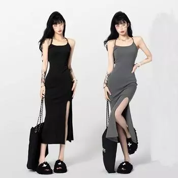 Летнее женское тонкое платье миди с высокой талией и боковым разрезом в корейском стиле, элегантные платья с открытой спиной Y2K S чёрный