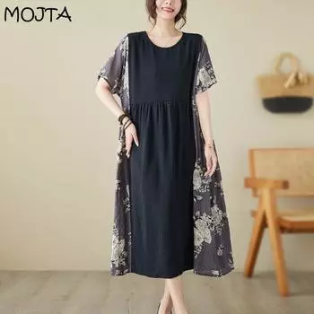 Летнее женское тонкое платье в стиле ретро с короткими рукавами MOJTA, длинная юбка с цветной строчкой