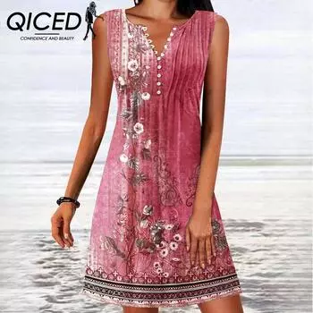 Летнее женское трикотажное платье без рукавов с V-образным вырезом и принтом на пуговицах на талии QICED S зелёный