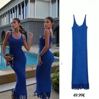 Летнее женское трикотажное платье-пуловер с длинным U-образным вырезом и кисточками - однотонный цвет Large