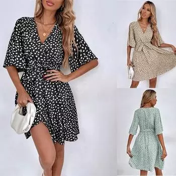 Летнее женское универсальное платье с V-образным вырезом и короткими рукавами, пляжная юбка S зелёный