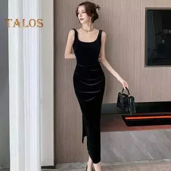 Летнее женское вечернее платье без рукавов облегающее с открытой спиной чистого цвета с разрезом по низу бархатное платье с U-образным вырезом коктейльное вечернее платье миди S чёрный