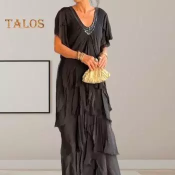 Летнее женское вечернее платье с V-образным вырезом и блестками в стиле пэчворк, рваное, разбросанное, многослойное, однотонное, с короткими рукавами, свободное платье макси для выпускного вечера 3XL чёрный