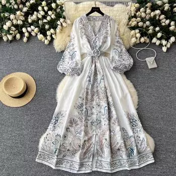 Летнее женское винтажное длинное платье с модным принтом трапециевидной формы, элегантное вечернее платье с цветочным принтом, женские длинные женские платья с длинными рукавами S чёрный