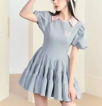 Летнее женское винтажное милое платье во французском стиле, серое весеннее платье с пышными рукавами S серый
