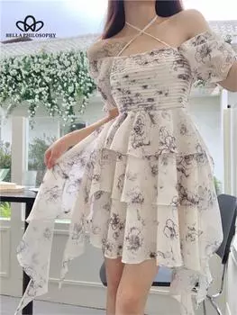 Летнее женское винтажное платье для выпускного с французским цветочным принтом, элегантное платье с открытыми плечами и оборками, праздничное женское вечернее платье размера плюс L белый