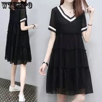 Летнее женское винтажное плиссированное платье с v-образным вырезом, облегающее короткое шифоновое черное платье с коротким рукавом S чёрный