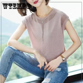 Летнее женское вязаное нижнее белье с круглым вырезом, свободный пуловер, тонкая футболка с короткими рукавами и топом для женщин