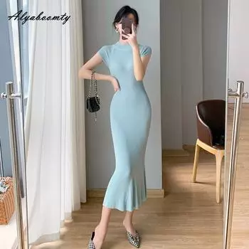 Летнее женское вязаное облегающее платье русалки в корейском стиле, синее, черное трикотажное облегающее платье с круглым вырезом One Size чёрный