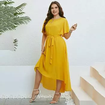 Летнее женское желтое длинное платье с коротким рукавом, темпераментное элегантное модное простое праздничное платье больших размеров, повседневное платье с поясом XL жёлтый