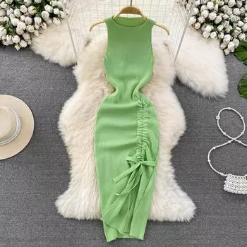 Летнее женственное ретро-платье без рукавов с круглым вырезом и талией, без рукавов, средней длины с завязками, открытая упаковка, хип-трикотажное платье