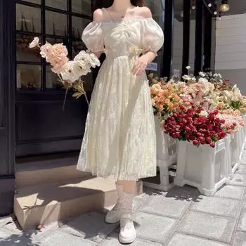 Летнее золотое шелковое кружевное платье с бантом, элегантное платье с пышными рукавами и подтяжками L слоновая кость