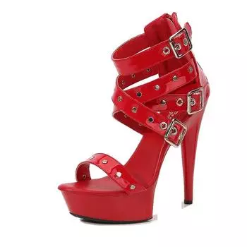 Летние 13см Супер Высокие Каблуки Женские Клепки Пряжка Панк Ночной Клуб Каблуки Женские Сексуальные Пип То Платформа Сандалии Женские Шлепанцы 34 красный