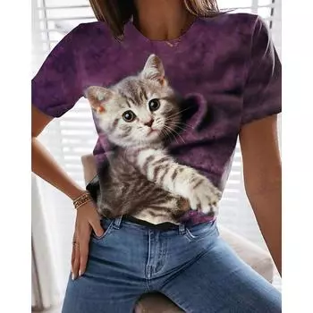 Летние 3D Модные Топы Новая футболка с круглым вырезом и коротким рукавом Purple M
