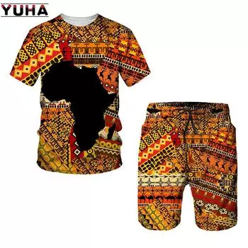 Летние африканские женские/мужские футболки с 3D-принтом, комплекты, мужские спортивные костюмы/топы/шорты Africa Dashiki, летний мужской костюм для спорта и отдыха S