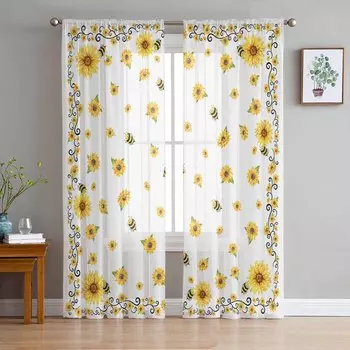 Летние акварельные цветы подсолнух пчела ферма оконные тюлевые шторы для гостиной спальни отеля роскошные украшения прозрачные шторы 135W x 114H(cm)