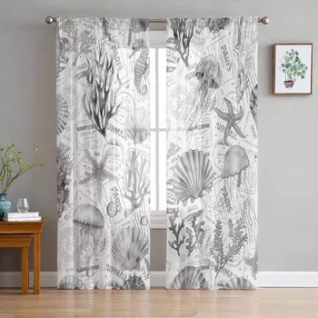 Летние акварельные океанские навигационные оконные тюлевые шторы для гостиной, спальни, отеля, роскошные украшения, прозрачные шторы 135W x 114H(cm)