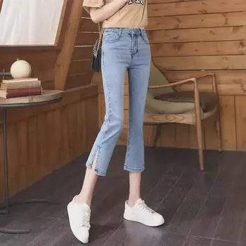 Летние эластичные свободные джинсы с высокой талией для девочек длиной три четверти 25