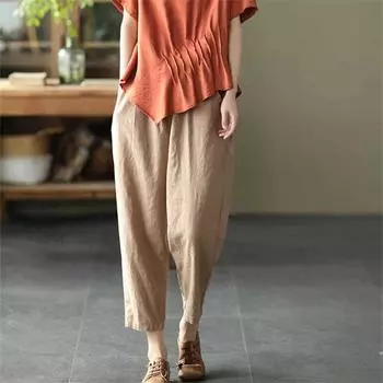 Летние эластичные женские хлопковые льняные широкие брюки-капри с высокой талией в стиле Харадзюку для женщин, мешковатые шаровары, женские брюки M льняной