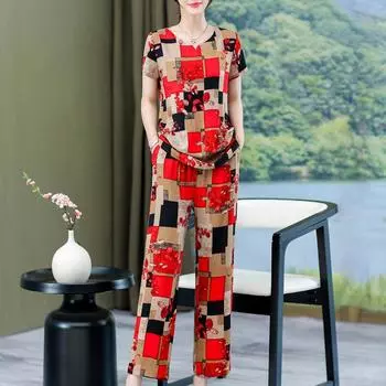 Летние элегантные брючные комплекты больших размеров для женщин, комплекты из 2 предметов с винтажным принтом, женский наряд XL