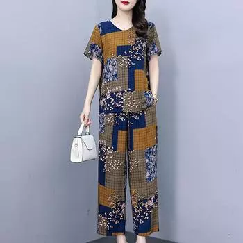 Летние элегантные брючные комплекты больших размеров, свободные винтажные комплекты из 2 предметов с принтом, женская одежда XL