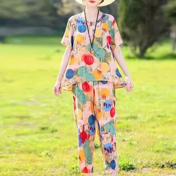 Летние элегантные брючные комплекты больших размеров, повседневные свободные винтажные комплекты из двух предметов с принтом для женской одежды XL