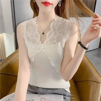 Летние элегантные черные сексуальные рубашки с v-образным вырезом и цветочным кружевом, женская модная шикарная трикотажная рубашка без рукавов, тонкая женская одежда 25381 One Size абрикосовый