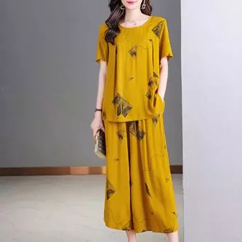 Летние элегантные комплекты больших размеров для женщин, комплект из 2 предметов, свободный комплект с широкими брюками с высокой талией XL