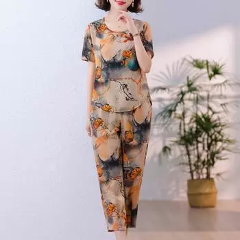 Летние элегантные комплекты для женщин, комплект из 2 предметов, повседневные свободные брюки больших размеров с винтажным принтом, женская одежда XL