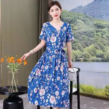 Летние элегантные платья для женщин, новое повседневное женское длинное платье с коротким рукавом среднего возраста, винтажная одежда в корейском стиле XL