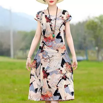 Летние элегантные платья миди больших размеров для женщин, винтажное летнее платье с короткими рукавами и принтом, женская одежда XL