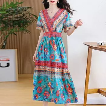 Летние элегантные платья в стиле бохо для женщин, новая женская одежда с коротким рукавом, тонкое повседневное длинное платье с v-образным вырезом XL синий