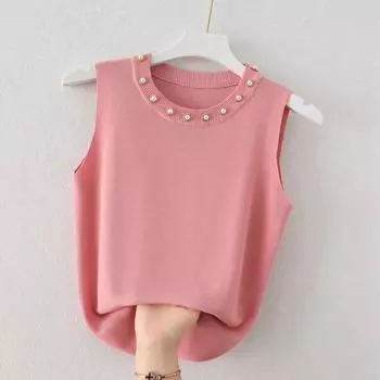 Летние элегантные повседневные майки без рукавов, женские, с бисером, с круглым вырезом, белые трикотажные майки, жилеты для женщин, модные однотонные, облегающие, офисные майки для женщин 26234 One Size розовый