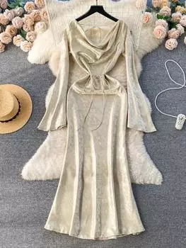 Летние элегантные шикарные вечерние платья женские расклешенные рукава V-образный вырез шнуровка тонкий рыбий хвост выпускной платье женский открытый корейская мода новый S бежевый