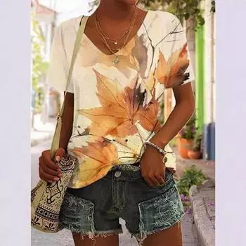 Летние элегантные женские футболки для поездок на работу с принтом кленового листа и V-образным вырезом с короткими рукавами для женщин S