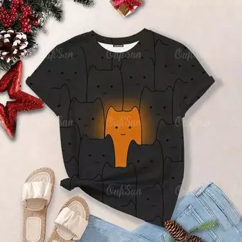 Летние элегантные женские футболки с короткими рукавами и принтом мультяшного кота для поездок на работу S