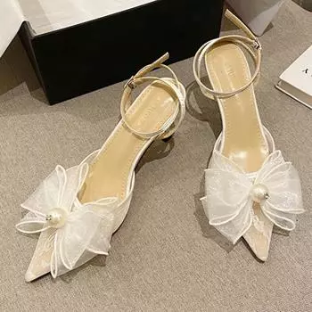 Летние элегантные женские сандалии в стиле фетиш на высоком каблуке 7 см, женские свадебные сандалии с жемчугом и бантом, милые туфли на низком каблуке для выпускного, кружевная сетка 39 белый