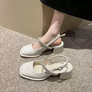 Летние элегантные женские туфли на толстом каблуке с квадратным носком, украшенные стразами, новые модные туфли на высоком каблуке для банкетов и вечеринок, Zapatos Mujer 34