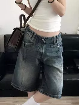 Летние американские винтажные джинсовые брюки, свободные повседневные джинсовые шорты длиной до колена, широкие брюки Kpop Y2k, уличная одежда для женщин в стиле гранж, хип-поп S синий