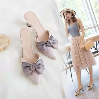 Летние атласные босоножки на высоком каблуке с острым носком на толстом каблуке и бантом 40 чёрный