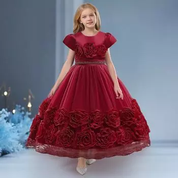 Летние атласные платья для девочек, элегантное белое детское платье принцессы для свадебной вечеринки и подружки невесты, Рождественское вечернее платье для выпускного вечера для девочек 110CM темно-красного